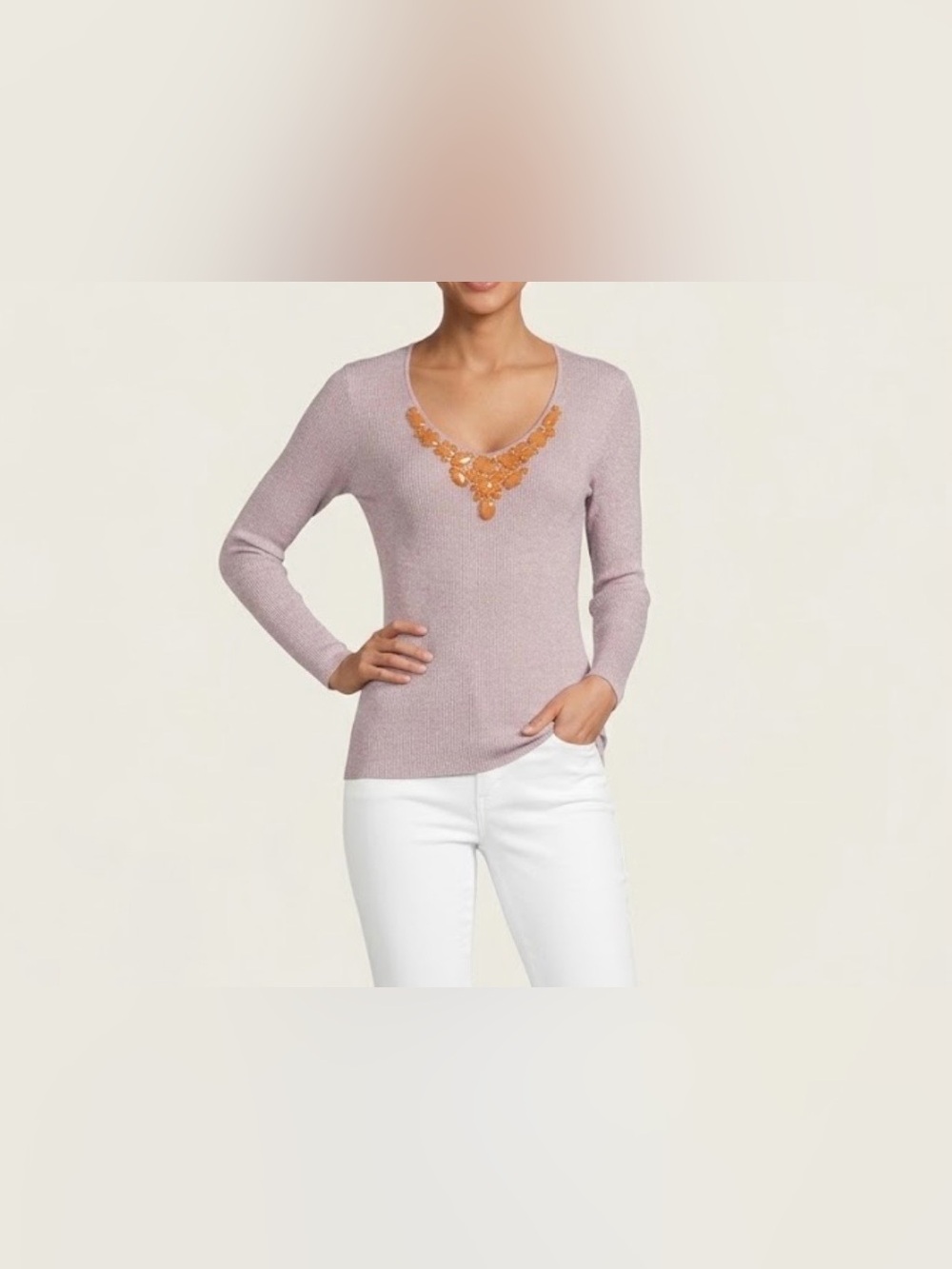 August Silk Beaded Scoop Neck Ribbed Sweater Metallic Pink Jeweled Top Size L